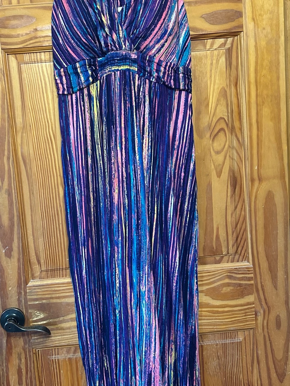 Soma Navy Multicolor Striped Pleated Maxi dress with built in bra.